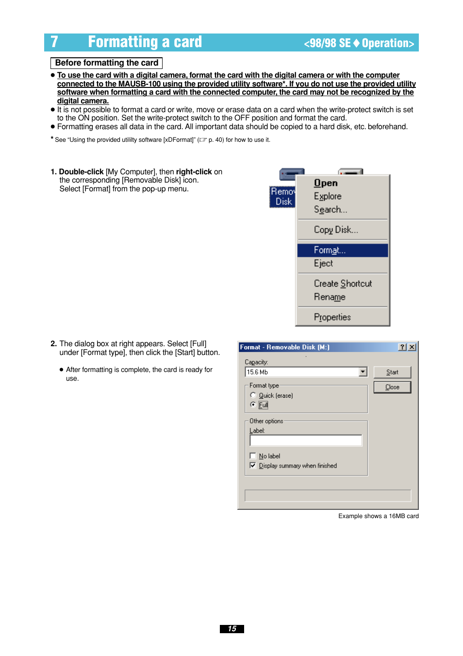 7formatting a card, 98/98 se ࡗ operation | Olympus MAUSB-100 User Manual | Page 15 / 47