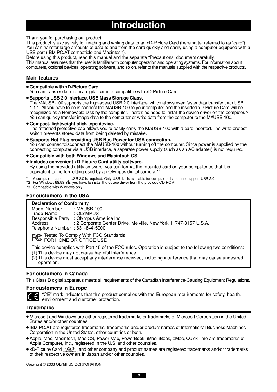 Introduction | Olympus MAUSB-100 User Manual | Page 2 / 47