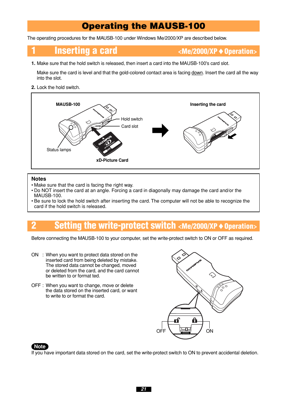 1inserting a card, 2setting the write-protect switch, Operating the mausb-100 | Me/2000/xp ࡗ operation | Olympus MAUSB-100 User Manual | Page 21 / 47