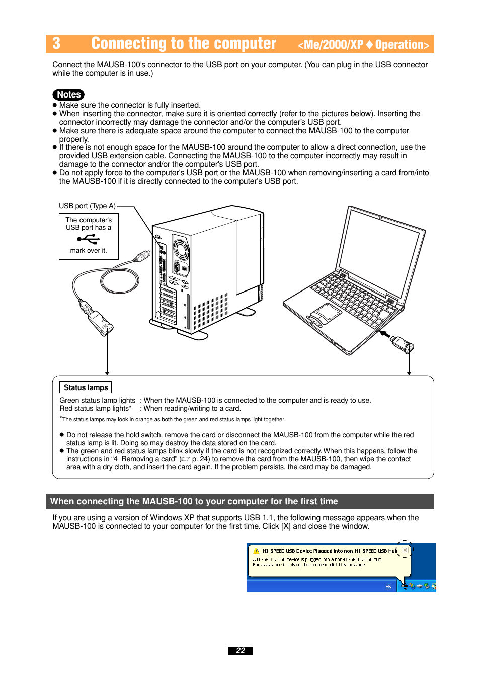3connecting to the computer, Me/2000/xp ࡗ operation | Olympus MAUSB-100 User Manual | Page 22 / 47