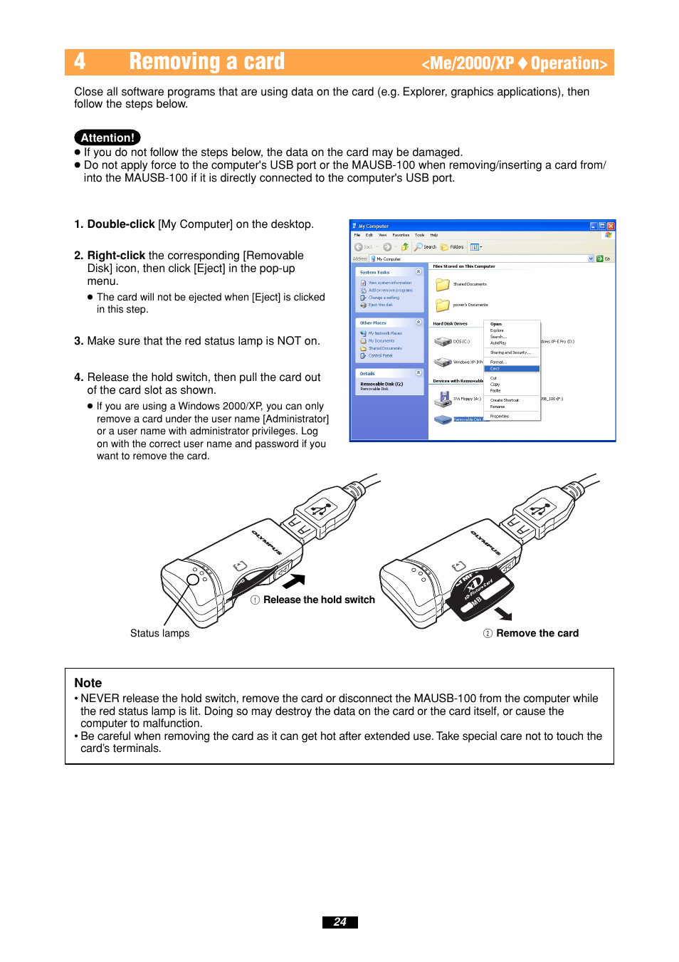 4removing a card, Me/2000/xp ࡗ operation | Olympus MAUSB-100 User Manual | Page 24 / 47