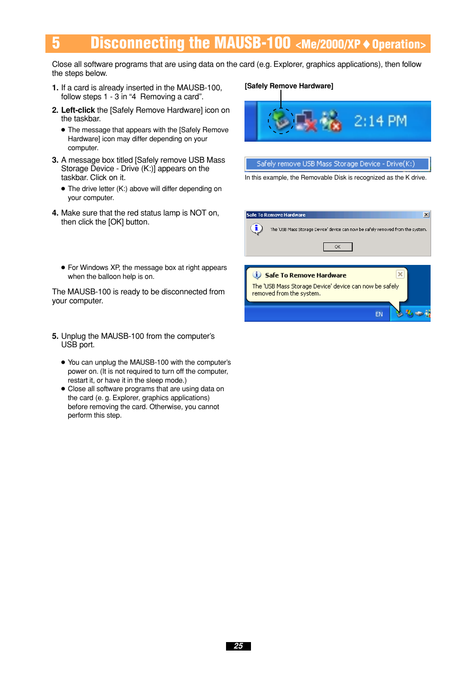 5disconnecting the mausb-100, Me/2000/xp ࡗ operation | Olympus MAUSB-100 User Manual | Page 25 / 47