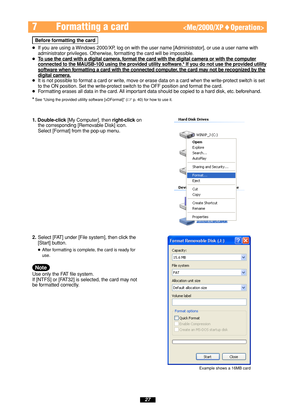 7formatting a card, Me/2000/xp ࡗ operation | Olympus MAUSB-100 User Manual | Page 27 / 47