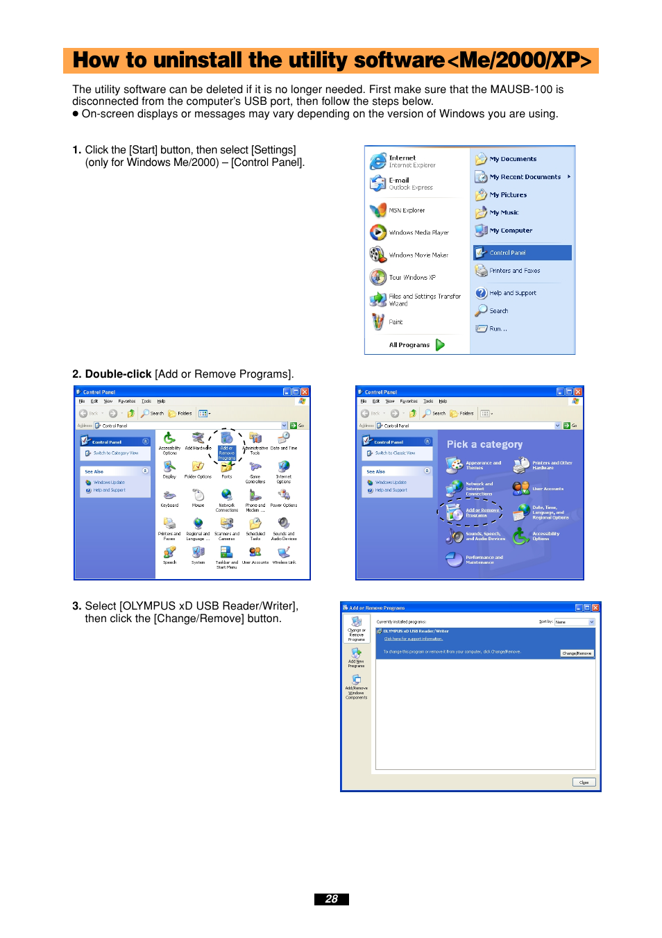 How to uninstall the utility software<me/2000/xp | Olympus MAUSB-100 User Manual | Page 28 / 47