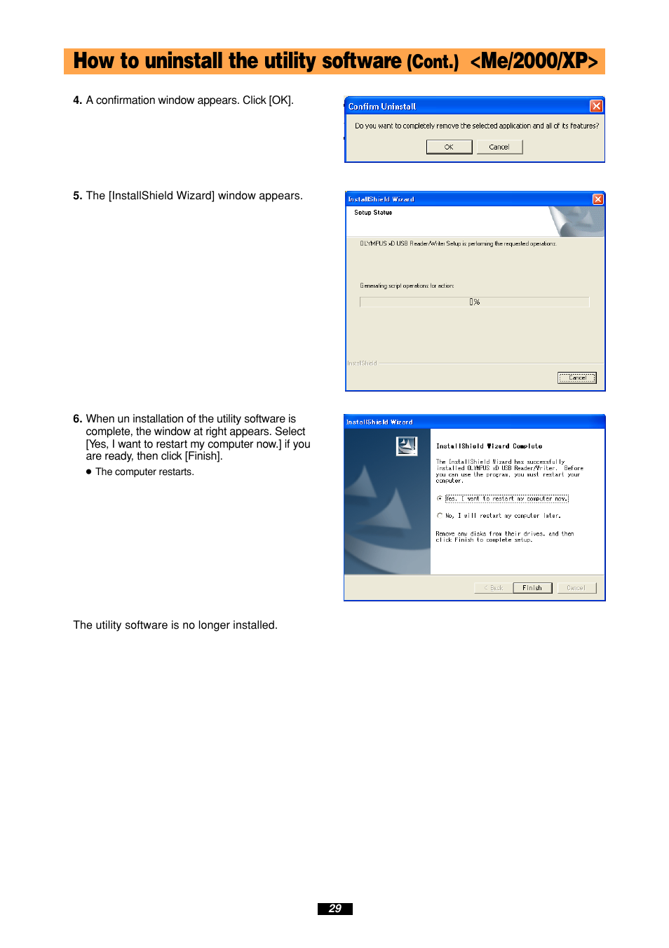 How to uninstall the utility software, Me/2000/xp, Cont.) | Olympus MAUSB-100 User Manual | Page 29 / 47