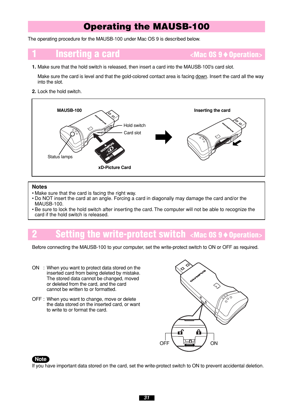 1inserting a card, 2setting the write-protect switch, Operating the mausb-100 | Mac os 9 ࡗ operation | Olympus MAUSB-100 User Manual | Page 31 / 47