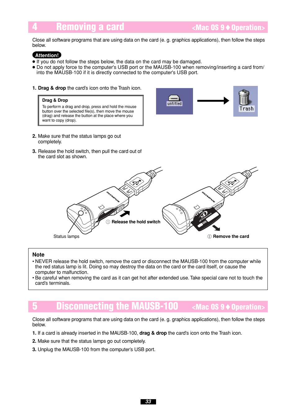 4removing a card, 5disconnecting the mausb-100, Mac os 9 ࡗ operation | Olympus MAUSB-100 User Manual | Page 33 / 47