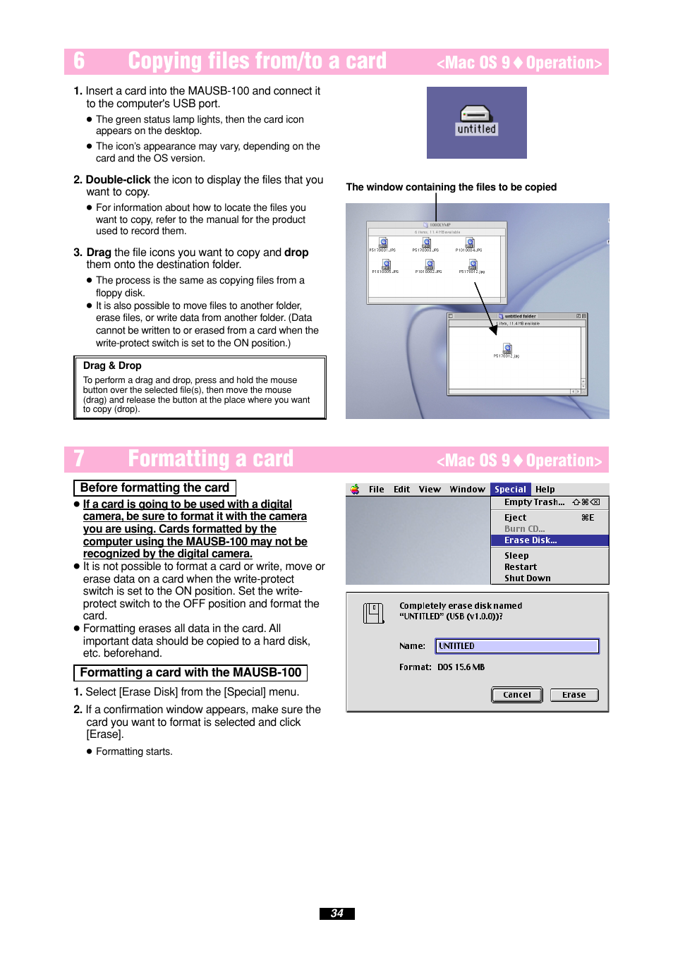 6copying files from/to a card, 7formatting a card, Mac os 9 ࡗ operation | Olympus MAUSB-100 User Manual | Page 34 / 47