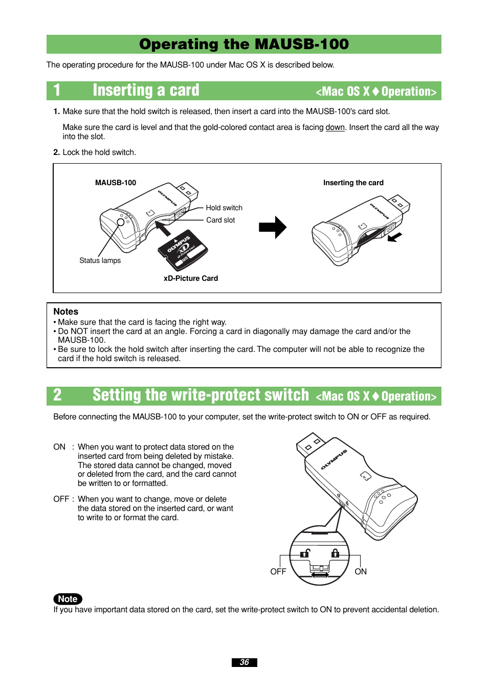 1inserting a card, 2setting the write-protect switch, Operating the mausb-100 | Mac os x ࡗ operation | Olympus MAUSB-100 User Manual | Page 36 / 47