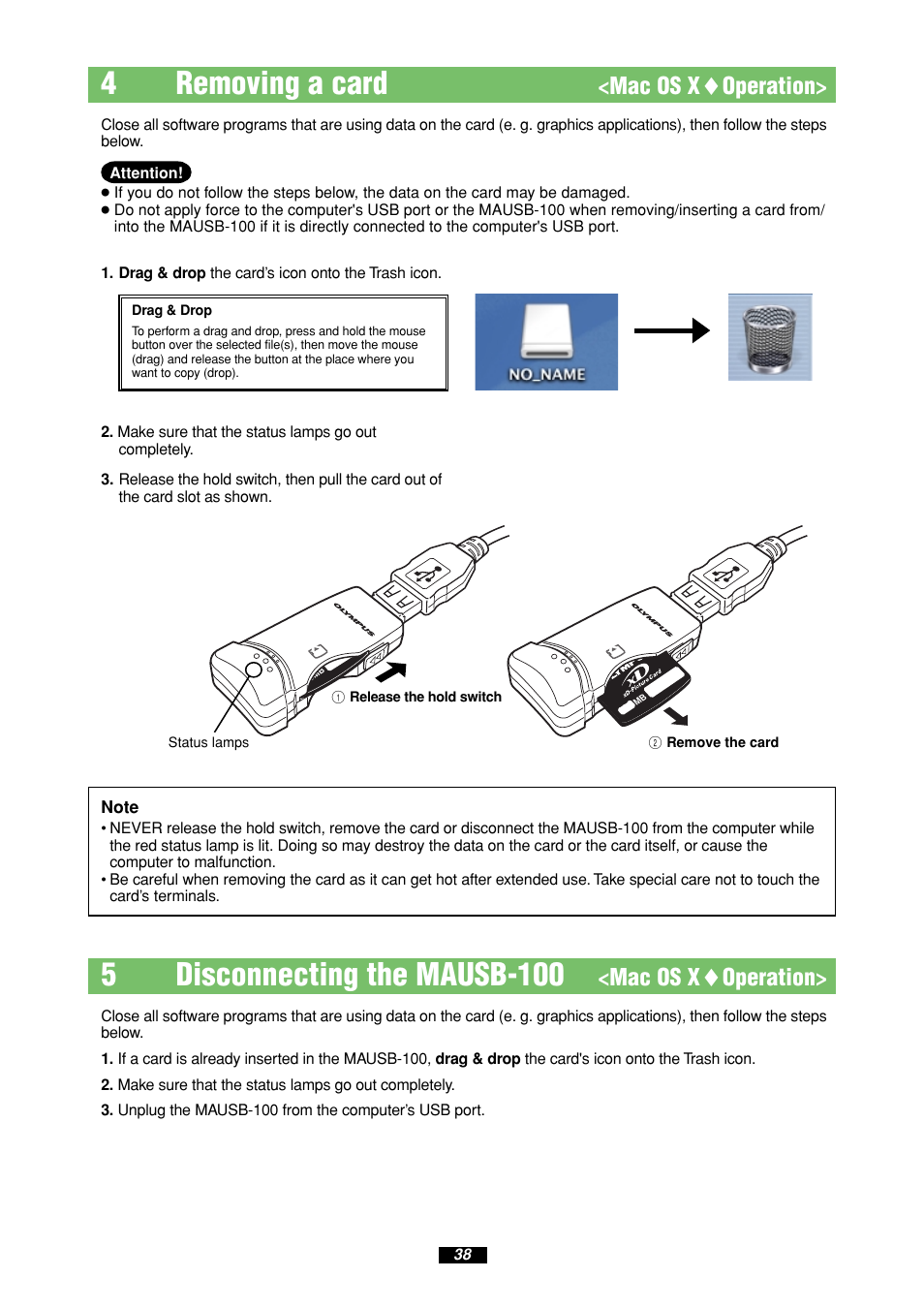 4removing a card, 5disconnecting the mausb-100, Mac os x ࡗ operation | Olympus MAUSB-100 User Manual | Page 38 / 47