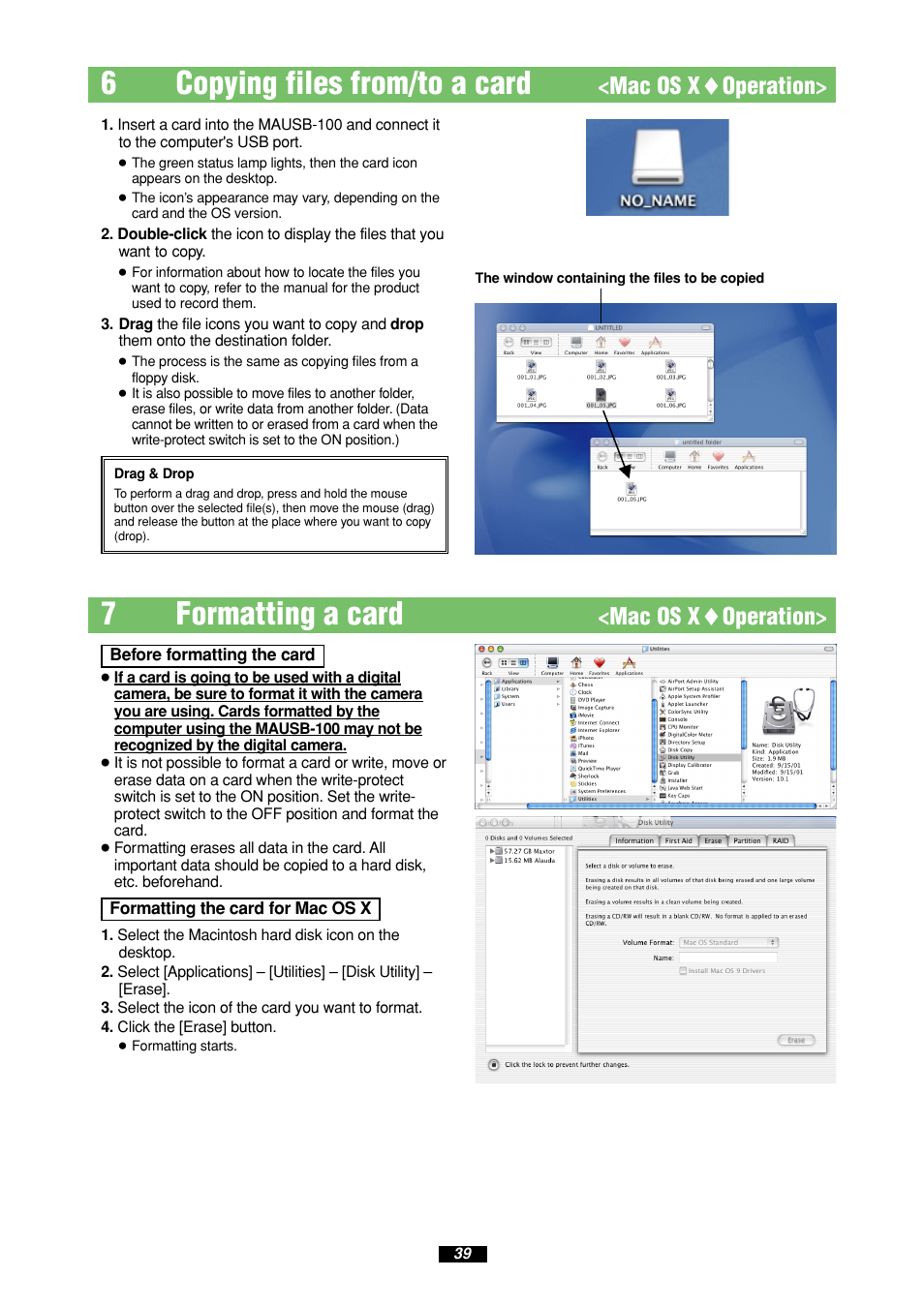 6copying files from/to a card, 7formatting a card, Mac os x ࡗ operation | Olympus MAUSB-100 User Manual | Page 39 / 47