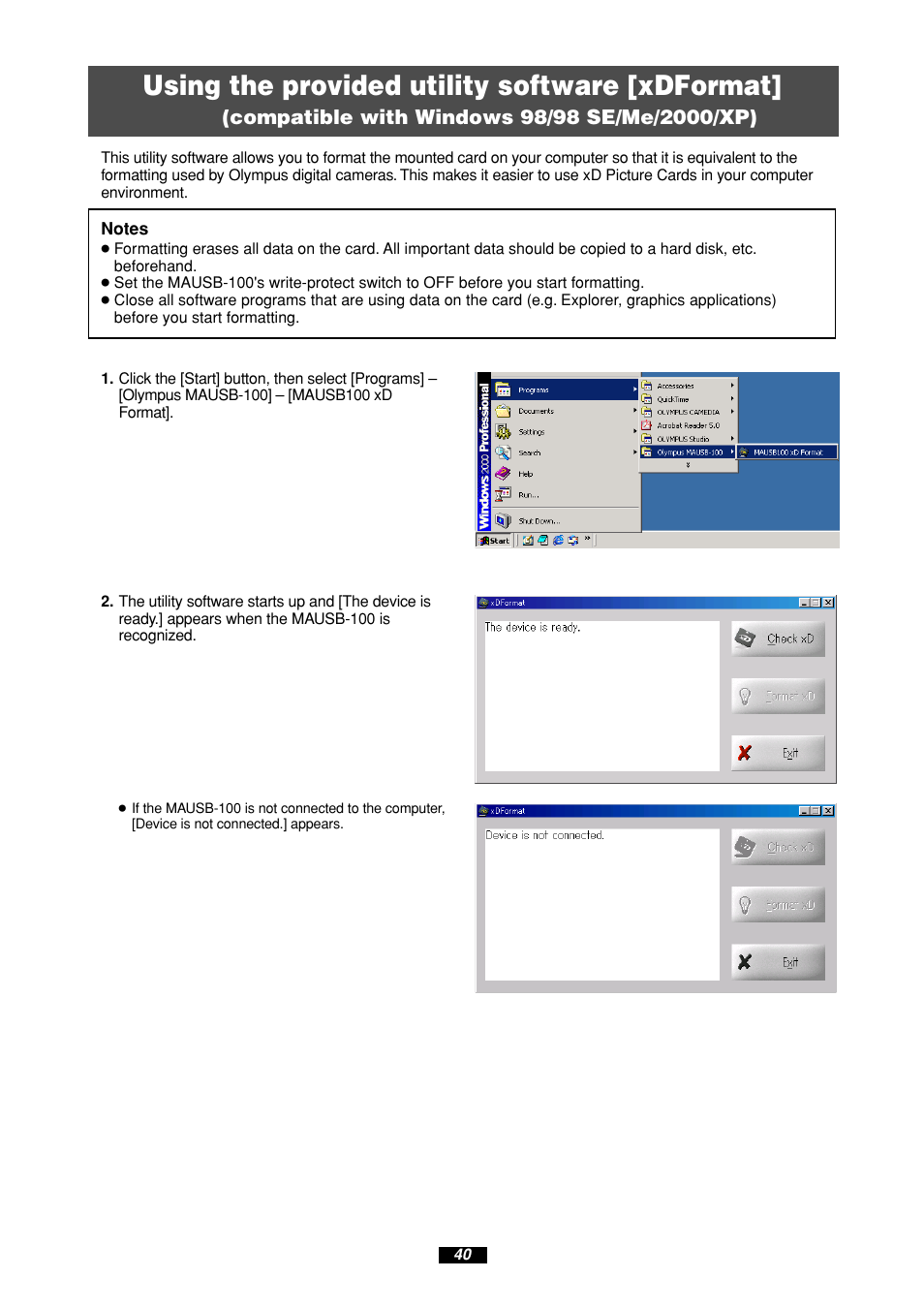 Using the provided utility software [xdformat | Olympus MAUSB-100 User Manual | Page 40 / 47