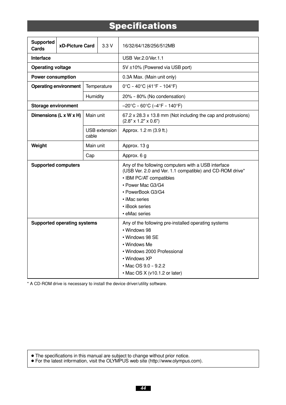 Specifications | Olympus MAUSB-100 User Manual | Page 44 / 47