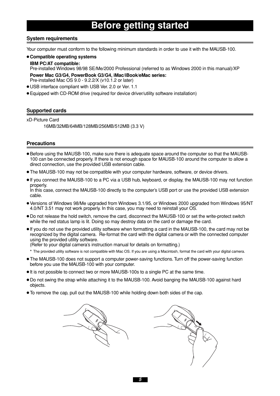 Before getting started | Olympus MAUSB-100 User Manual | Page 5 / 47