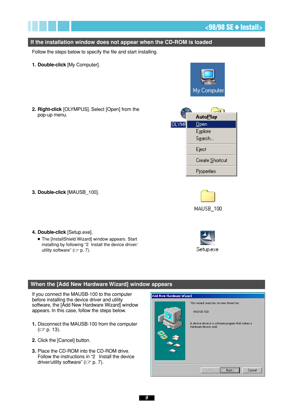 98/98 se ࡗ install | Olympus MAUSB-100 User Manual | Page 9 / 47