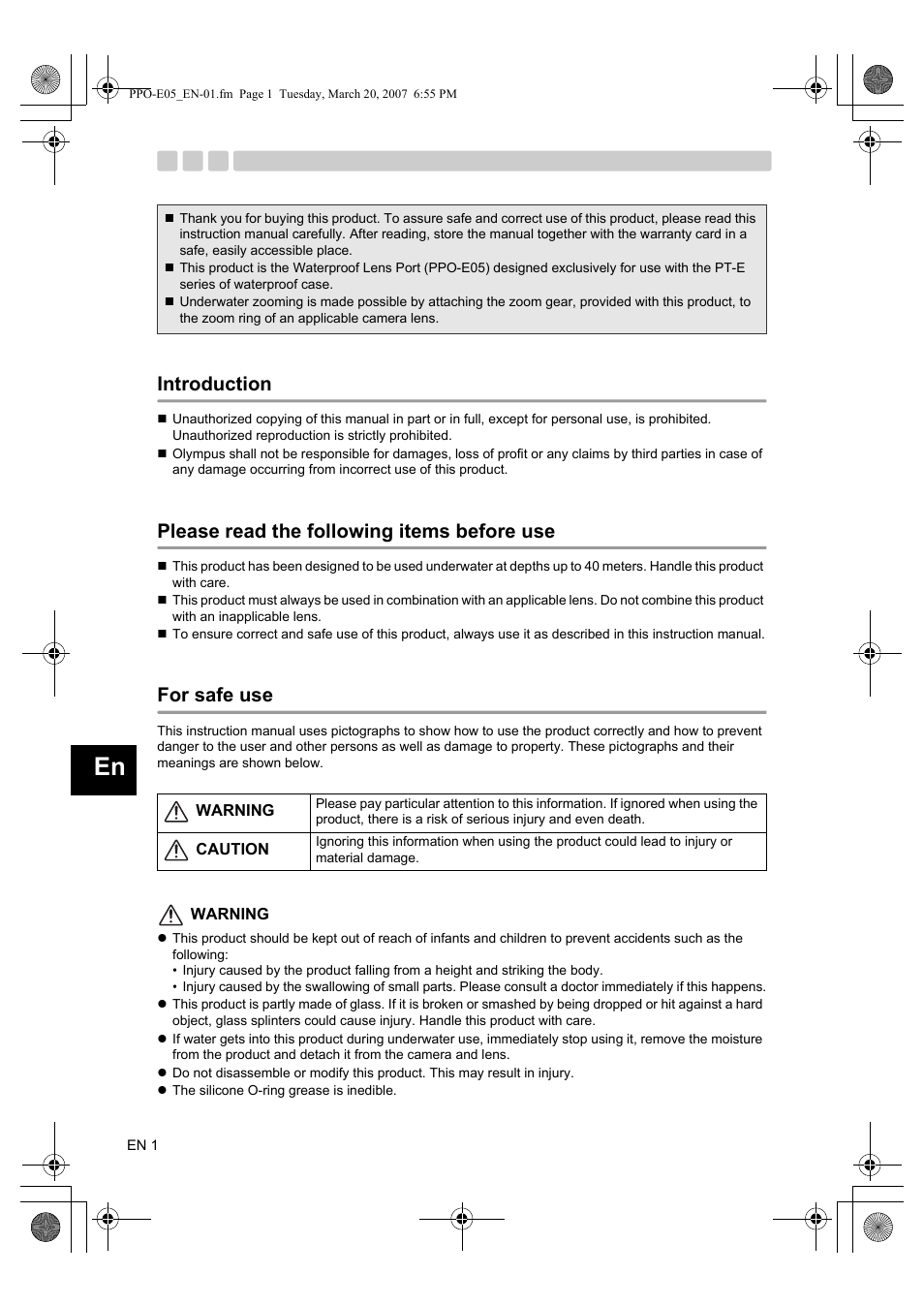 Introduction, Please read the following items before use, For safe use | Olympus PPO-E05 User Manual | Page 10 / 60