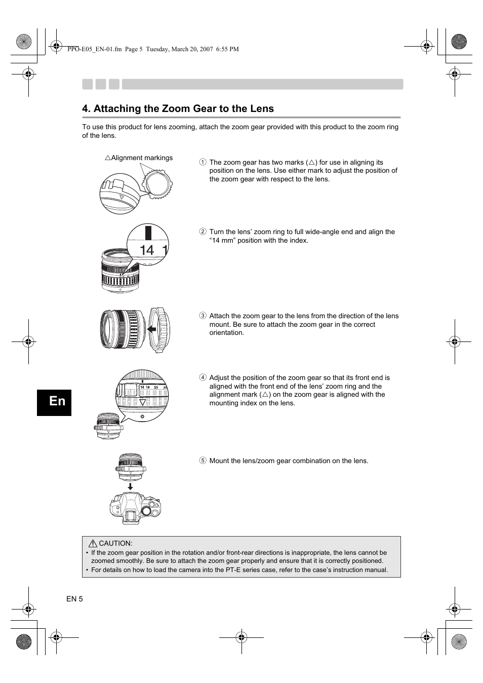 Attaching the zoom gear to the lens | Olympus PPO-E05 User Manual | Page 14 / 60