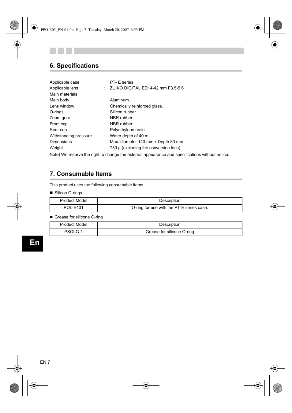 Specifications, Consumable items | Olympus PPO-E05 User Manual | Page 16 / 60