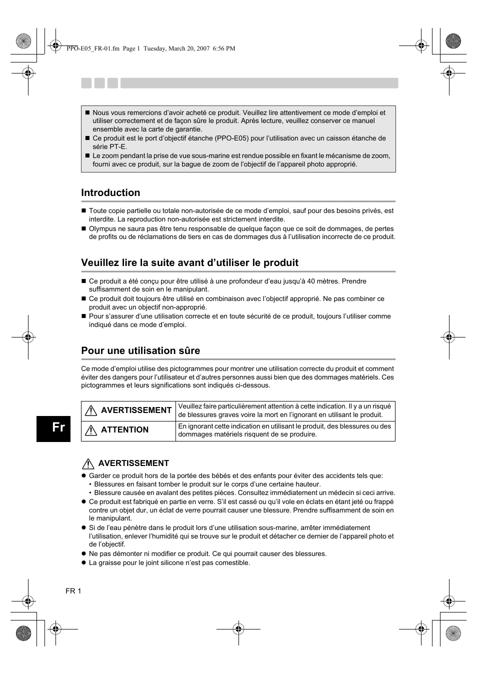 Introduction, Veuillez lire la suite avant d’utiliser le produit, Pour une utilisation sûre | Olympus PPO-E05 User Manual | Page 18 / 60