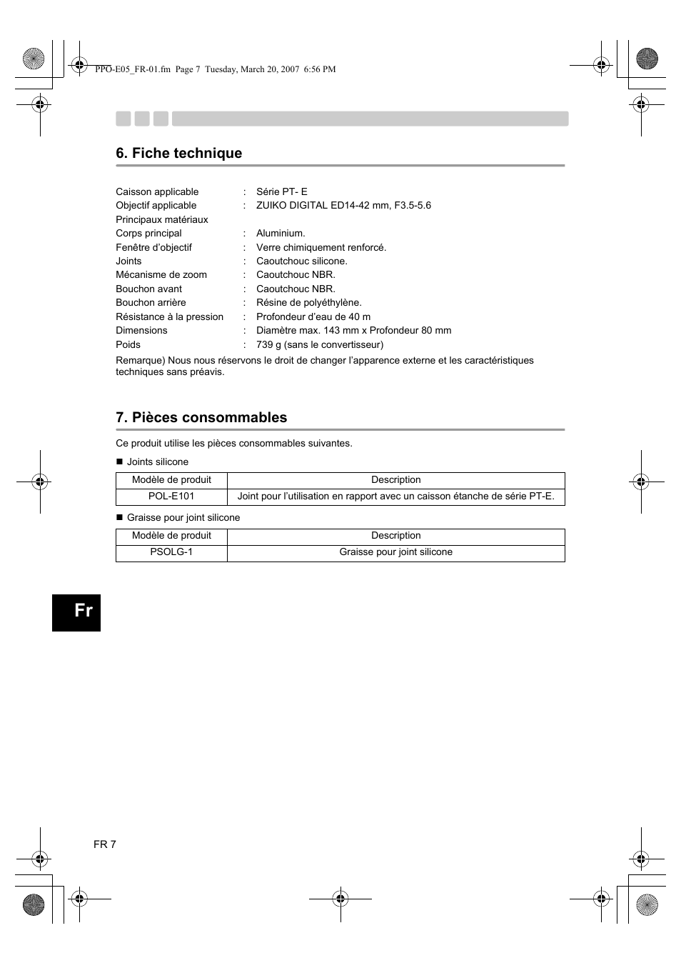 Fiche technique, Pièces consommables | Olympus PPO-E05 User Manual | Page 24 / 60