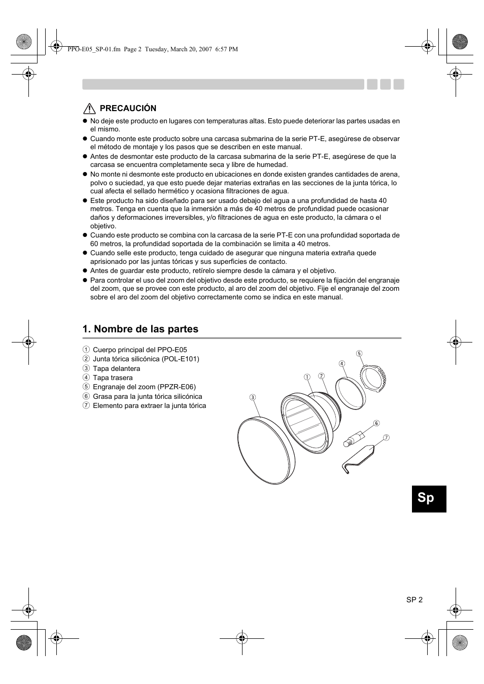 Nombre de las partes | Olympus PPO-E05 User Manual | Page 35 / 60