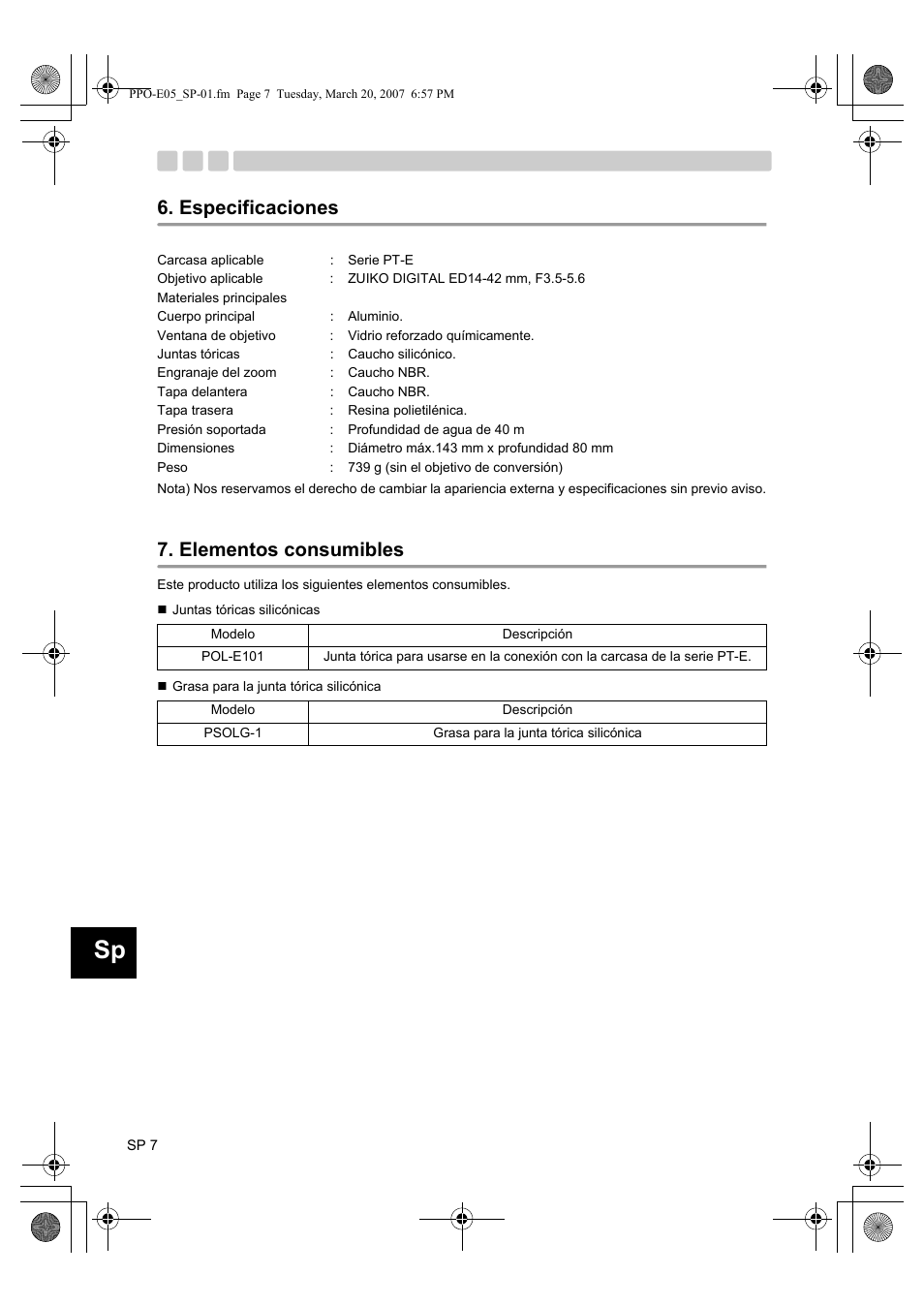 Especificaciones, Elementos consumibles | Olympus PPO-E05 User Manual | Page 40 / 60