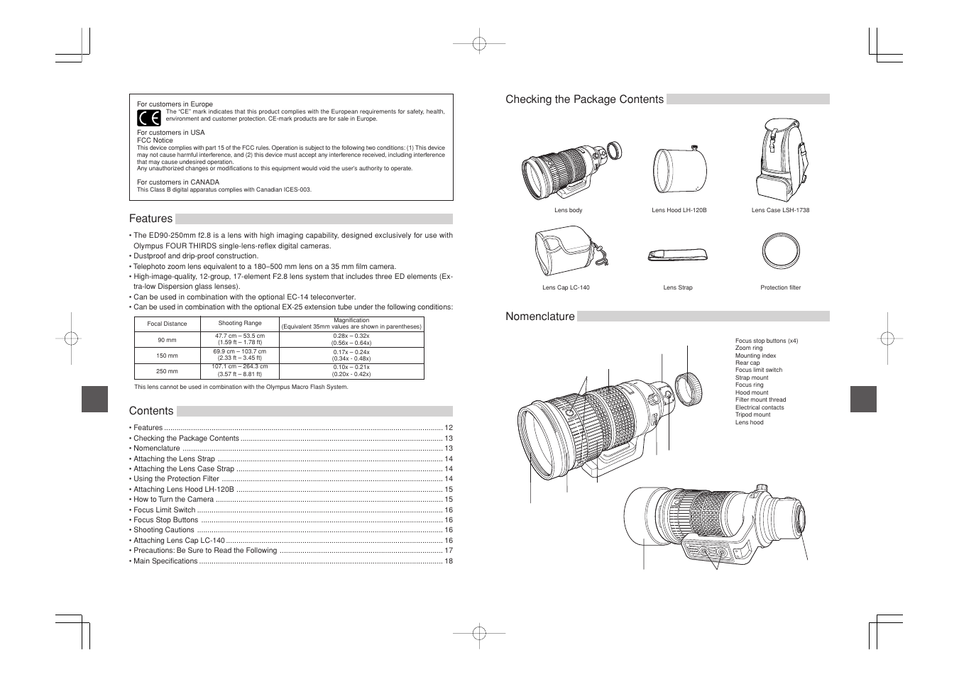 Nomenclature, Contents features, Checking the package contents | Olympus Zuiko DIGITAL ED User Manual | Page 2 / 5