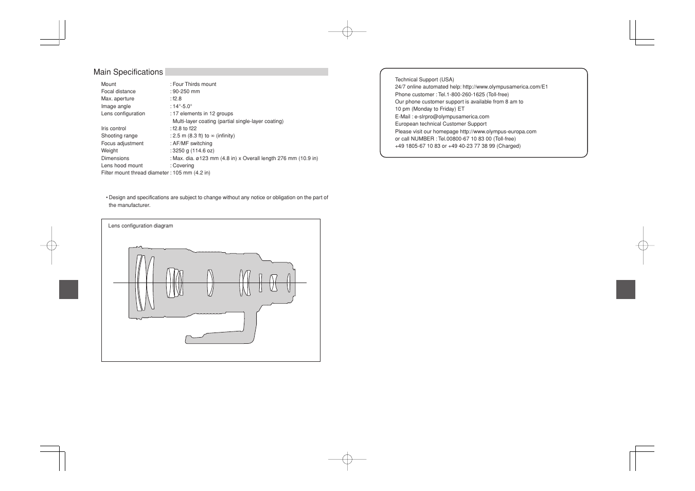 Main specifications | Olympus Zuiko DIGITAL ED User Manual | Page 5 / 5