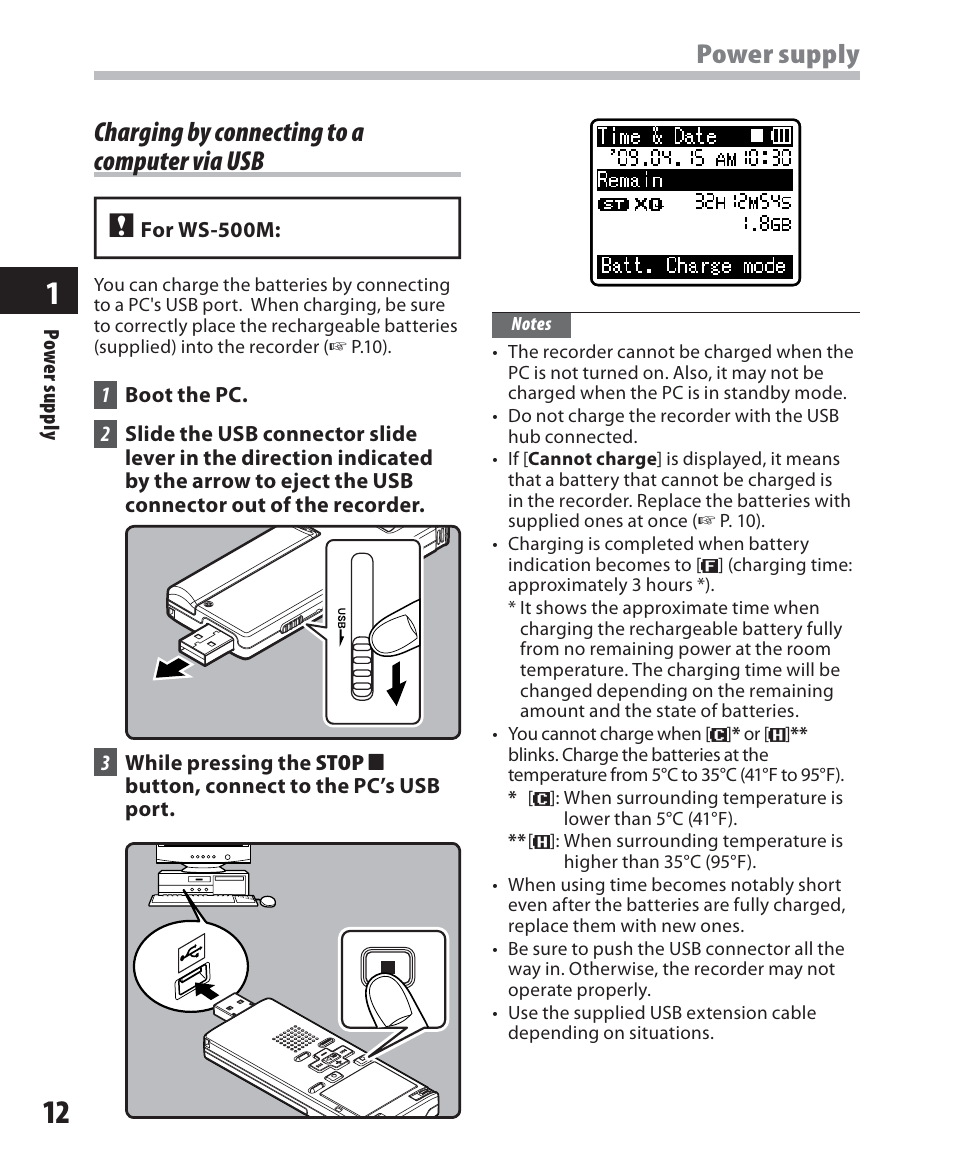 Power supply, Charging by connecting to a computer via usb | Olympus WS-500M User Manual | Page 12 / 72