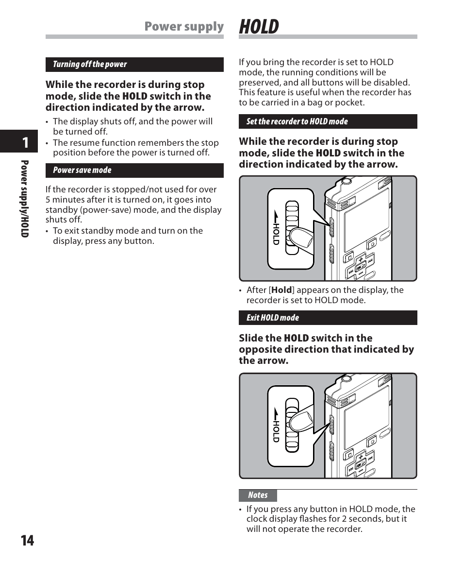 Hold, Power supply | Olympus WS-500M User Manual | Page 14 / 72