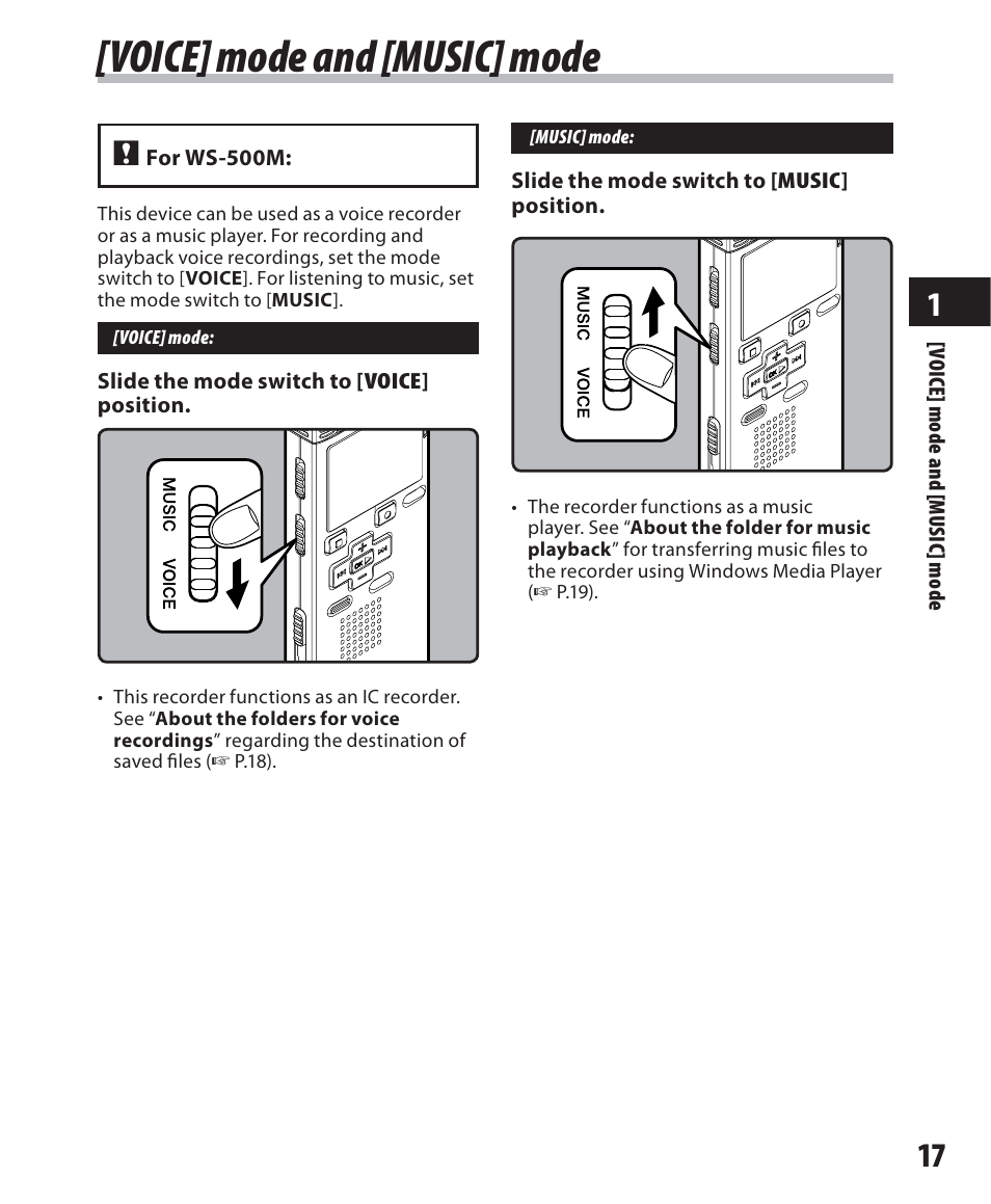 Voice] mode and [music] mode | Olympus WS-500M User Manual | Page 17 / 72