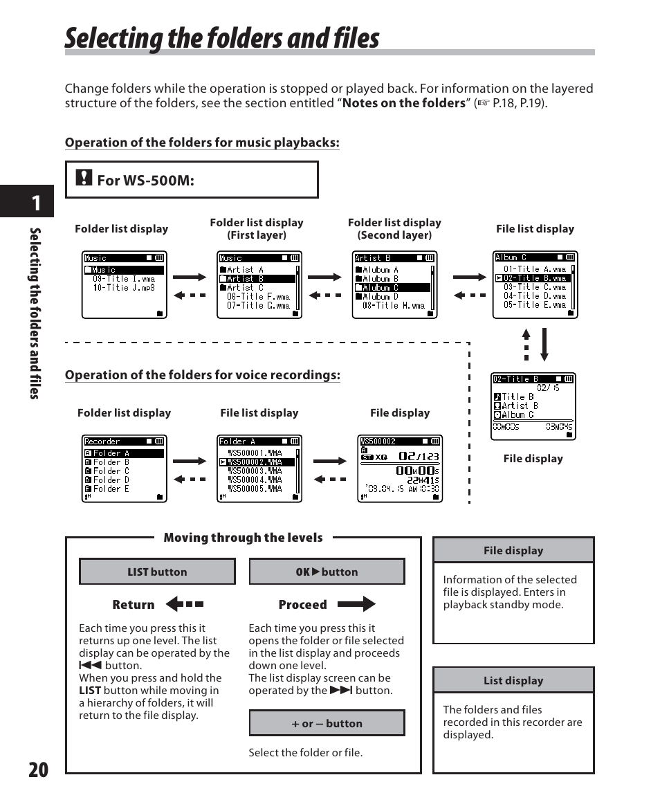 Selecting the folders and files | Olympus WS-500M User Manual | Page 20 / 72