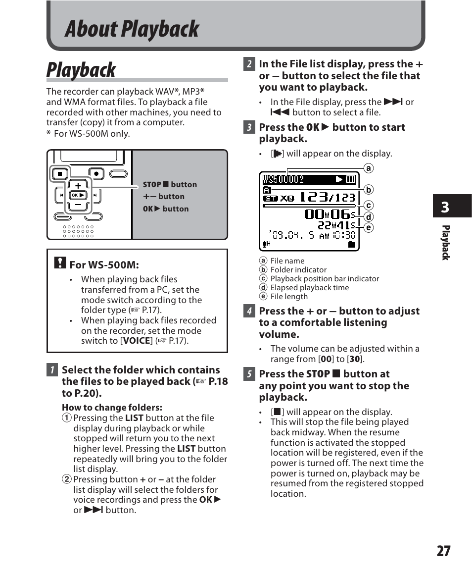 About playback, Playback | Olympus WS-500M User Manual | Page 27 / 72