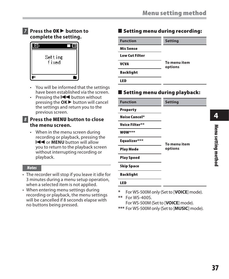 Menu setting method | Olympus WS-500M User Manual | Page 37 / 72