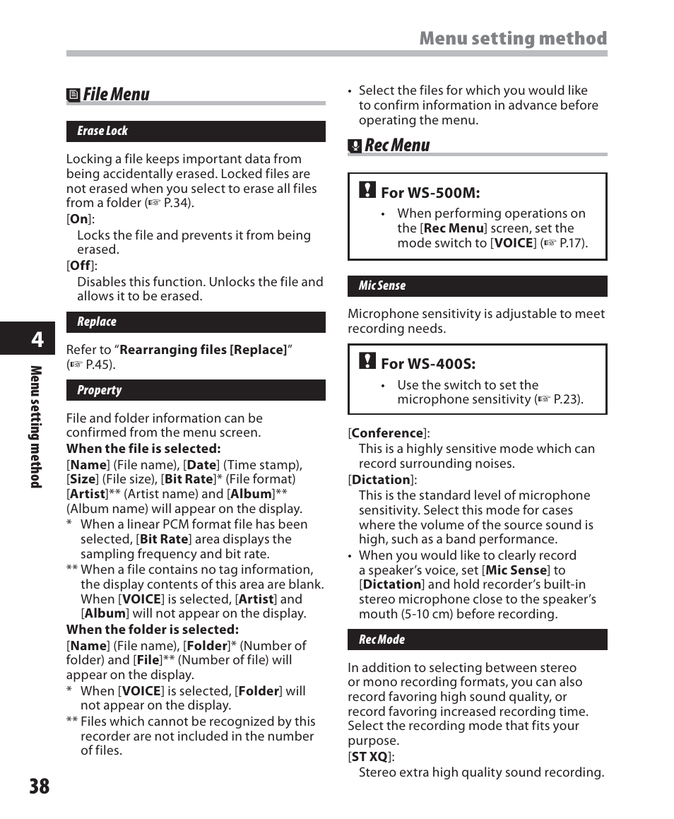 Menu setting method, Rec menu, File menu | Olympus WS-500M User Manual | Page 38 / 72