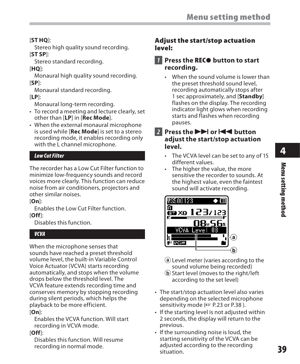 Menu setting method | Olympus WS-500M User Manual | Page 39 / 72