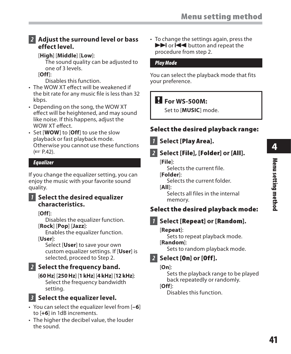 Menu setting method | Olympus WS-500M User Manual | Page 41 / 72