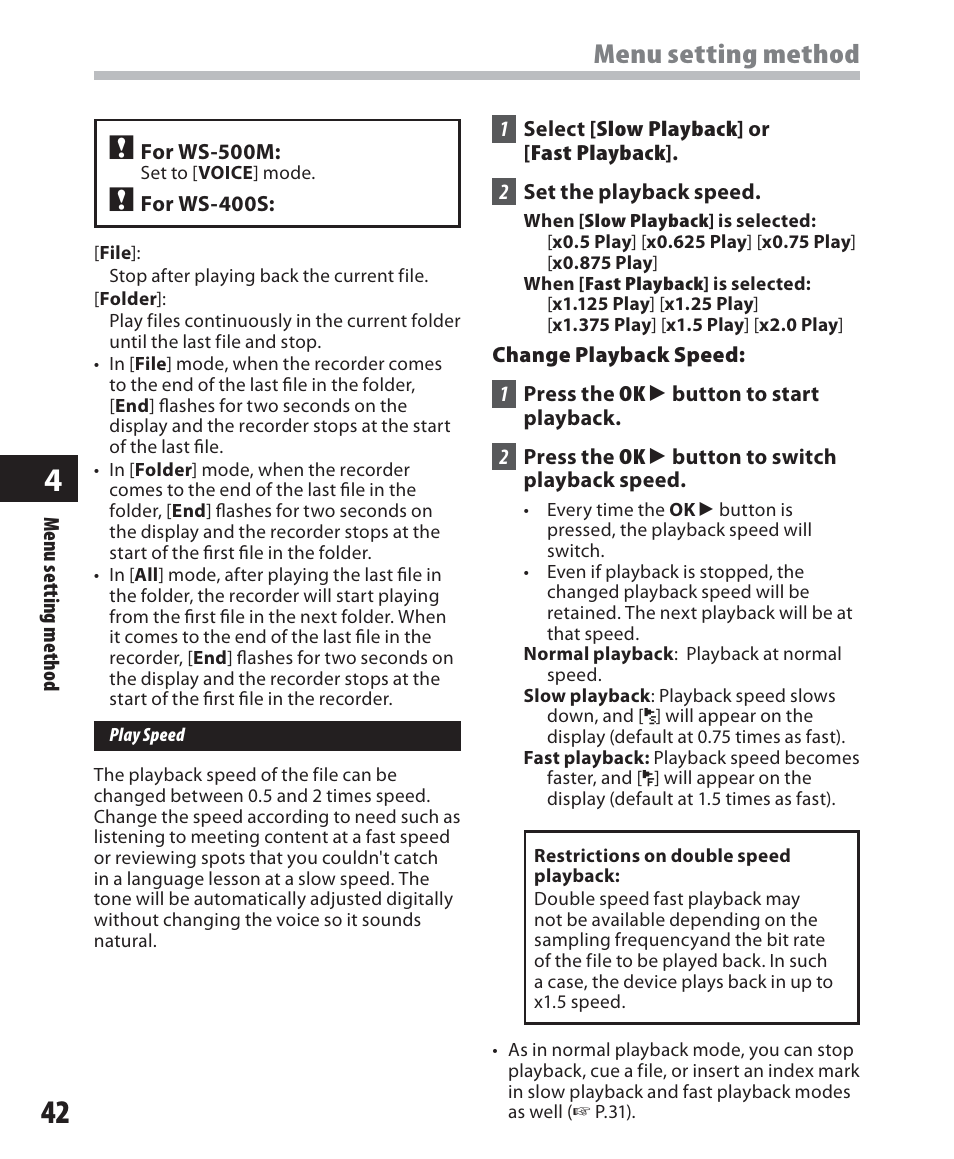 Menu setting method | Olympus WS-500M User Manual | Page 42 / 72