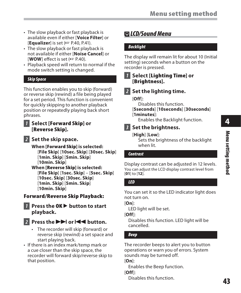 Menu setting method, Lcd/sound menu | Olympus WS-500M User Manual | Page 43 / 72