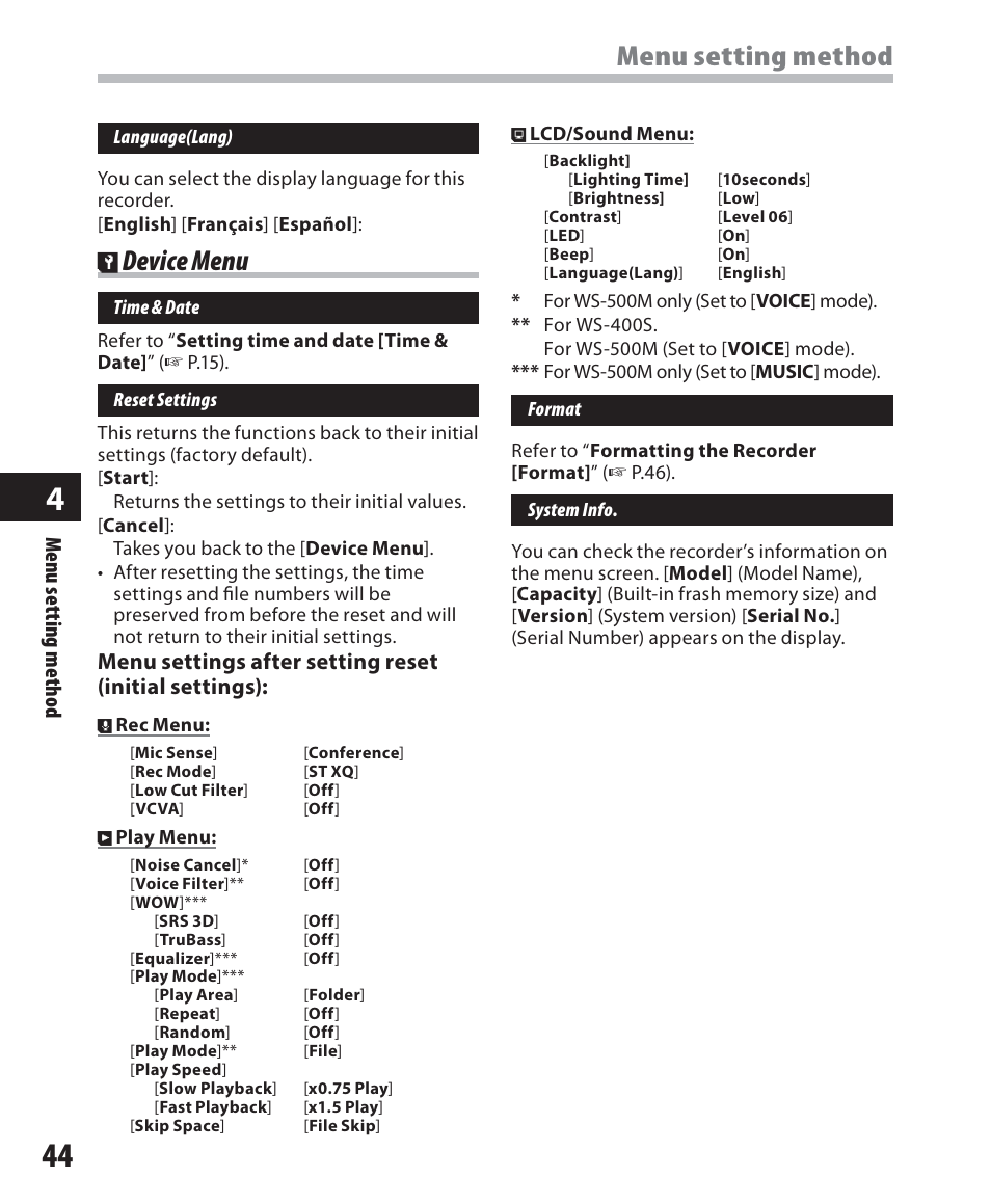 Menu setting method, Device menu | Olympus WS-500M User Manual | Page 44 / 72