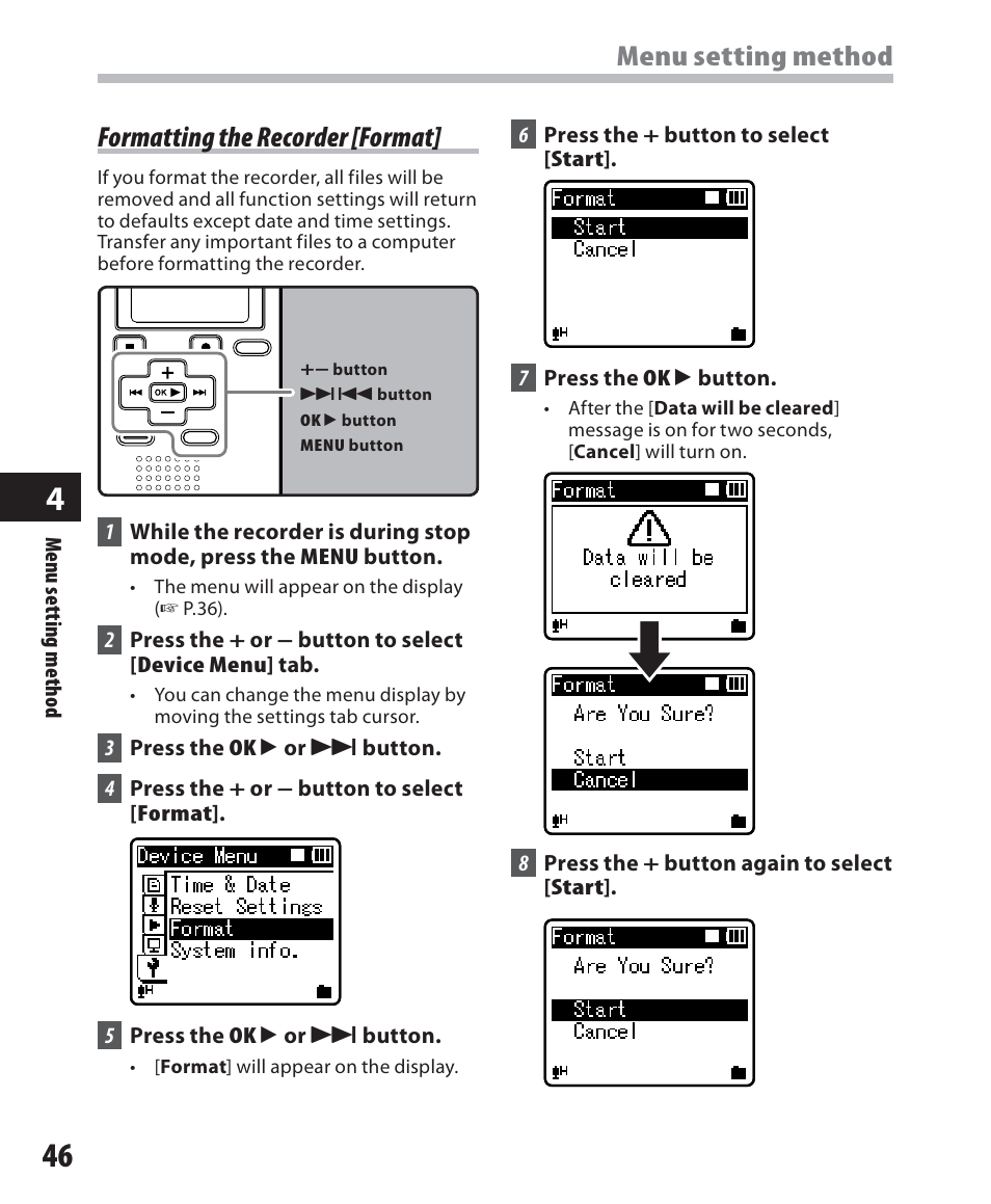 Menu setting method, Formatting the recorder [format | Olympus WS-500M User Manual | Page 46 / 72