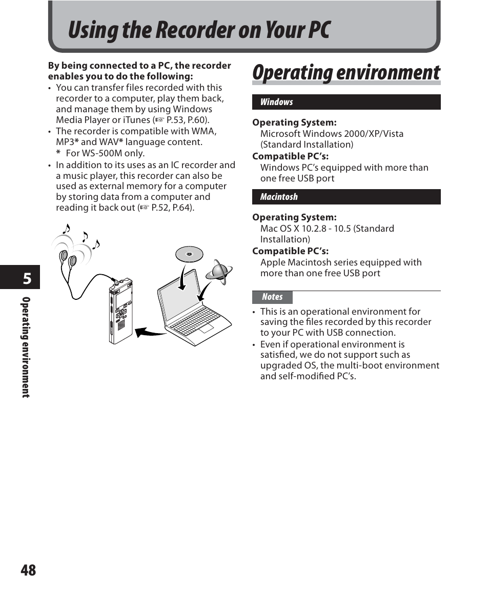 Using the recorder on your pc, Operating environment | Olympus WS-500M User Manual | Page 48 / 72