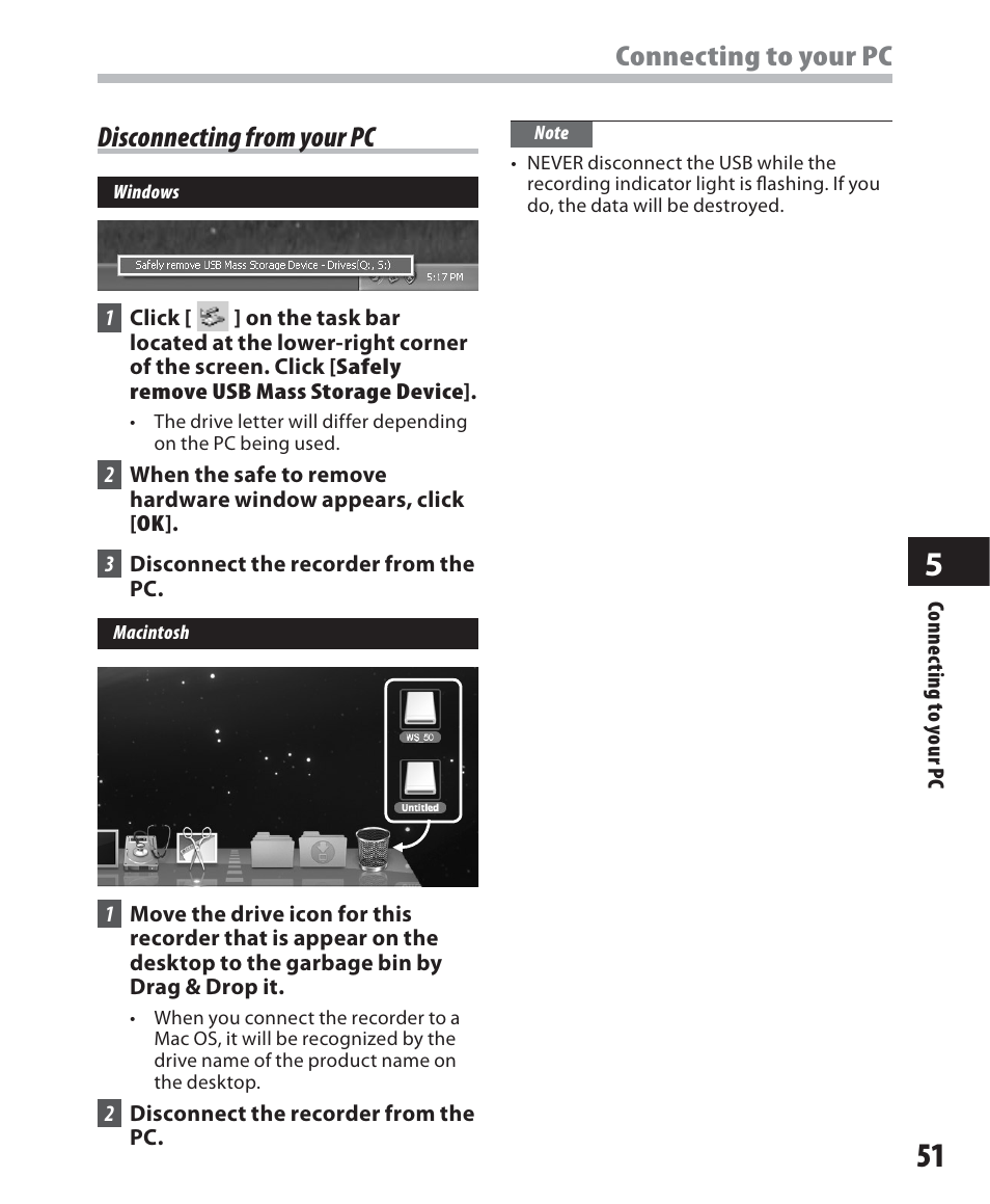 Connecting to your pc, Disconnecting from your pc | Olympus WS-500M User Manual | Page 51 / 72