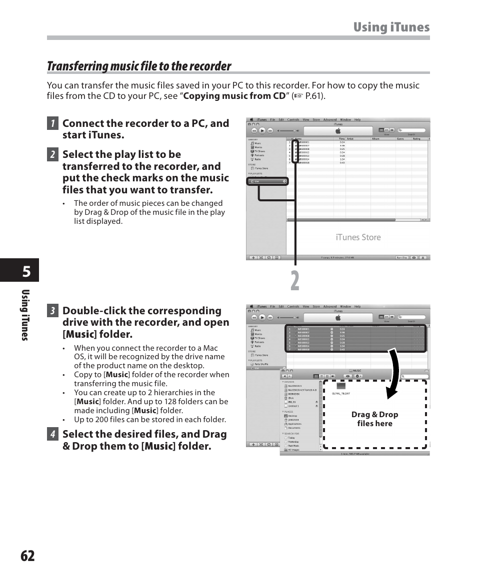 Using itunes, Transferring music file to the recorder | Olympus WS-500M User Manual | Page 62 / 72