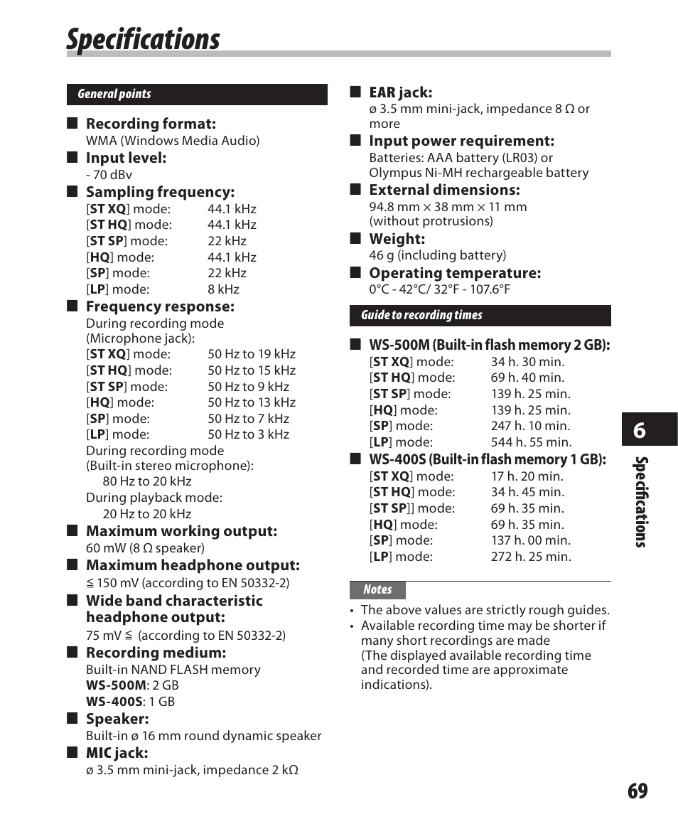 Specifications, Sp ecifi c a tions | Olympus WS-500M User Manual | Page 69 / 72