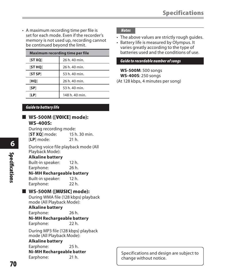 Specifications, Sp ecifi c a tions | Olympus WS-500M User Manual | Page 70 / 72