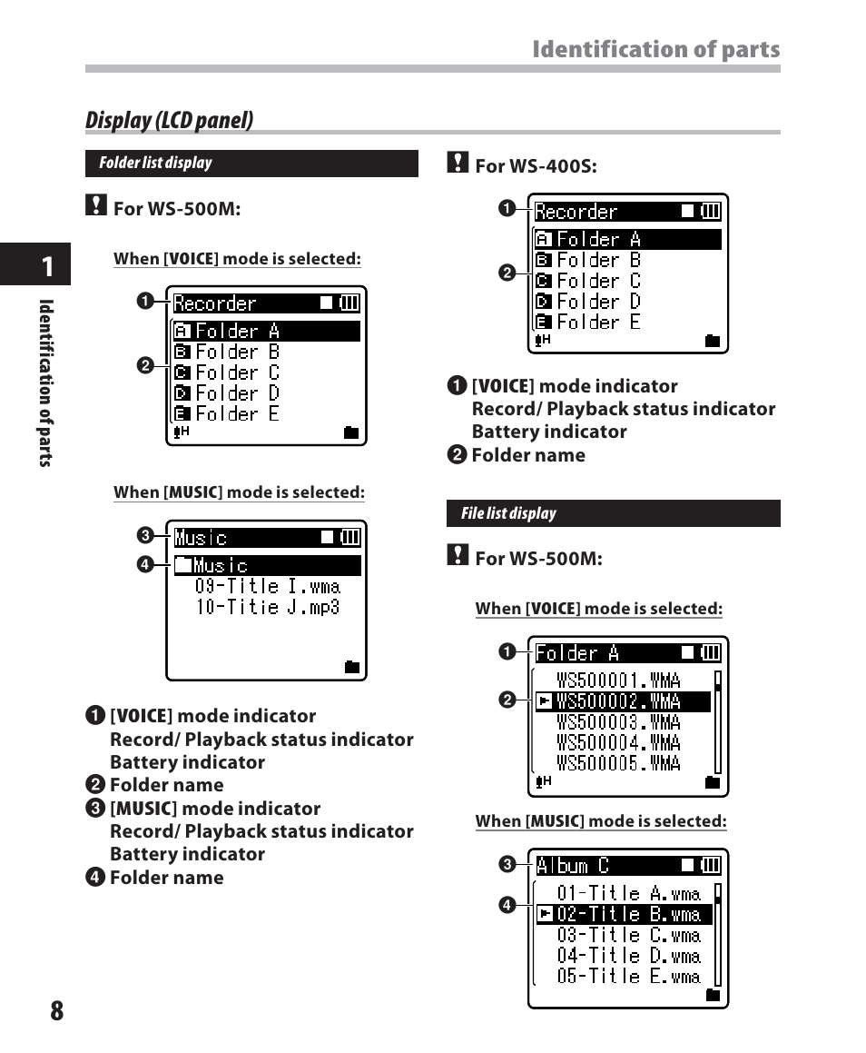 Identification of parts, Display (lcd panel) | Olympus WS-500M User Manual | Page 8 / 72