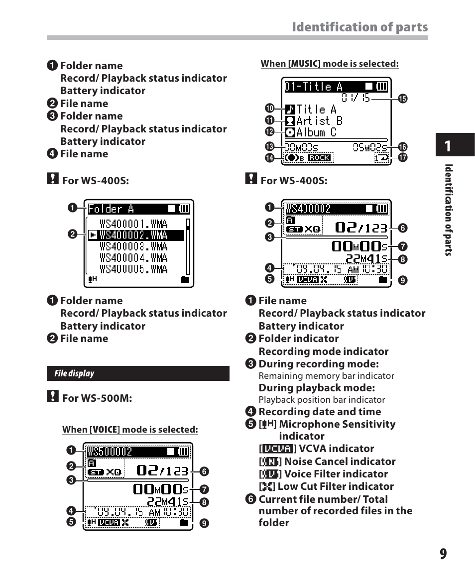 Identification of parts | Olympus WS-500M User Manual | Page 9 / 72