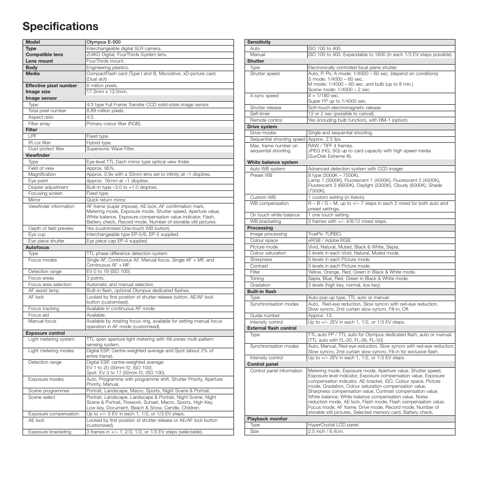 Specifications | Olympus E-500 User Manual | Page 10 / 12