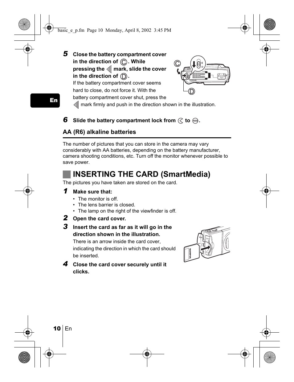 Jinserting the card (smartmedia) | Olympus C-300 Zoom  EN User Manual | Page 10 / 172